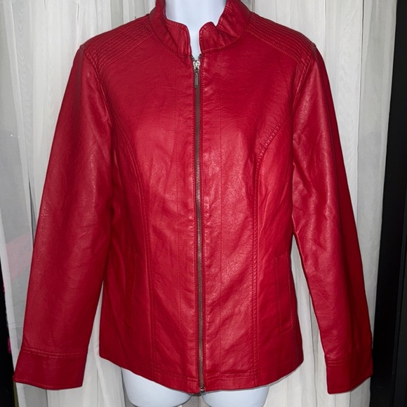 Red Leather Like- Jacket with Stand-Up Collar and Fitted Silhouette - Picture 1 of 8